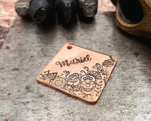 Load image into Gallery viewer, hand stamped copper dog tag with phone number and address
