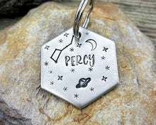 Load image into Gallery viewer, Hexagon dog tag, hand stamped with galaxy design, saturn, moon &amp; stars
