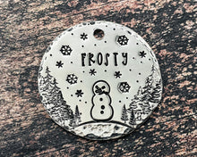 Load image into Gallery viewer, Christmas dog tag, hand stamped pet id tag with cute Snowman design, double-sided pet id tag with 2 phone numbers
