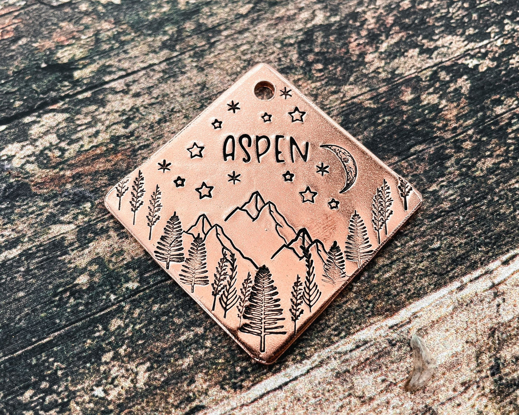 Square dog id tag, hand stamped with mountains, trees, moon & stars