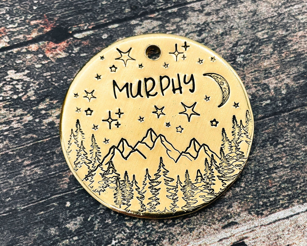 Large pet id tag, hand stamped with trees, mountains, moon & stars