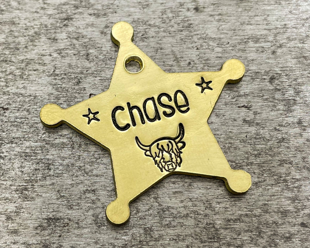 Sheriff star dog tag, hand-stamped double-sided metal dog tag with Highland cow