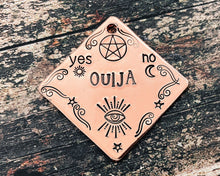 Load image into Gallery viewer, Ouija spooky dog tag, hand stamped square dog id tag with ouija design, 2 phone numbers or address on the back
