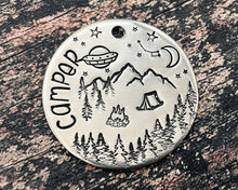 Load image into Gallery viewer, camping dog id tag with fire and tent
