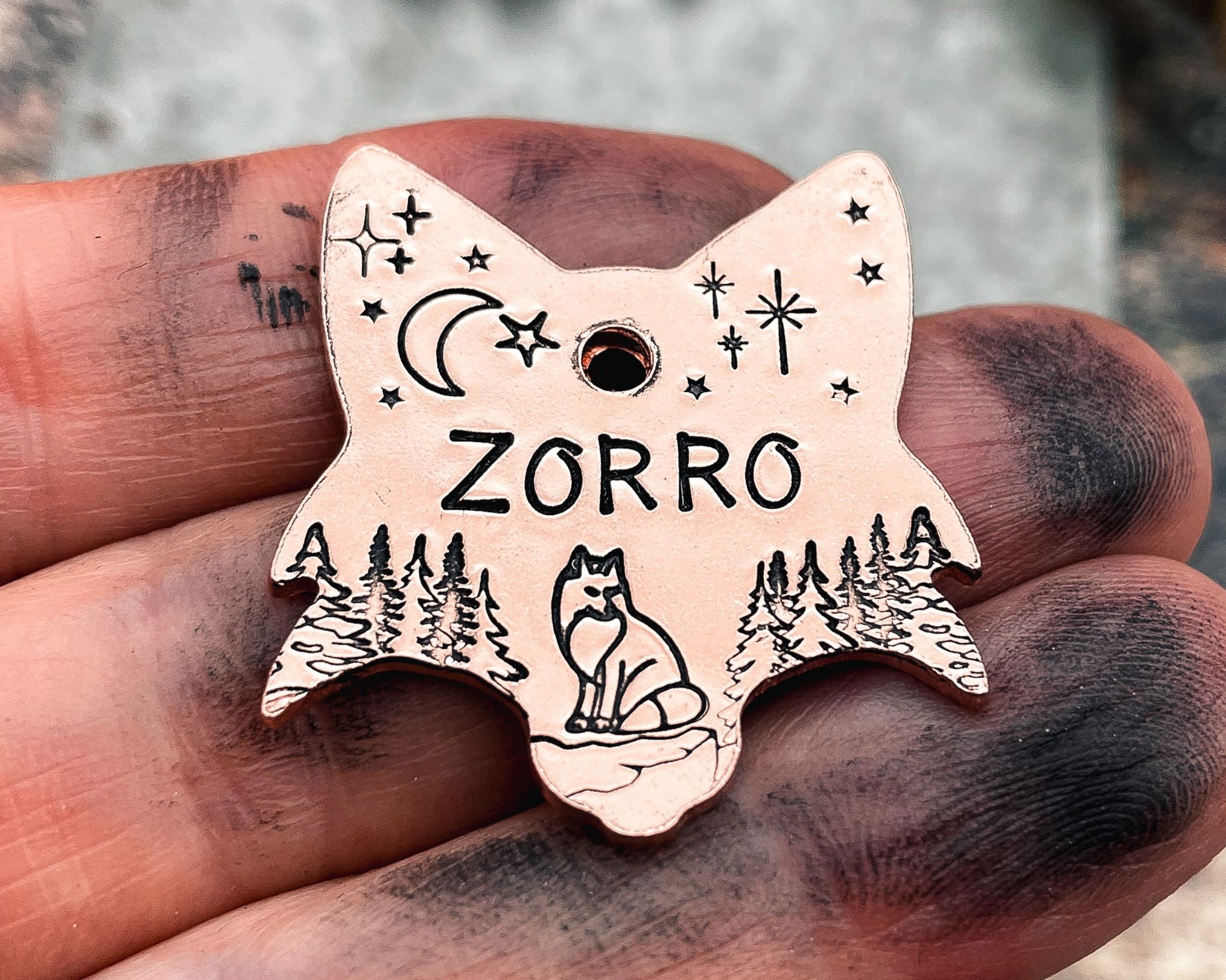 Fox head dog id tag with fox and trees, double-sided pet id tag