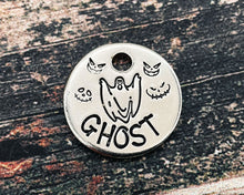Load image into Gallery viewer, Personalized Halloween cat name  tag, hand stamped cat tag with spooky ghost design, 1 phone number
