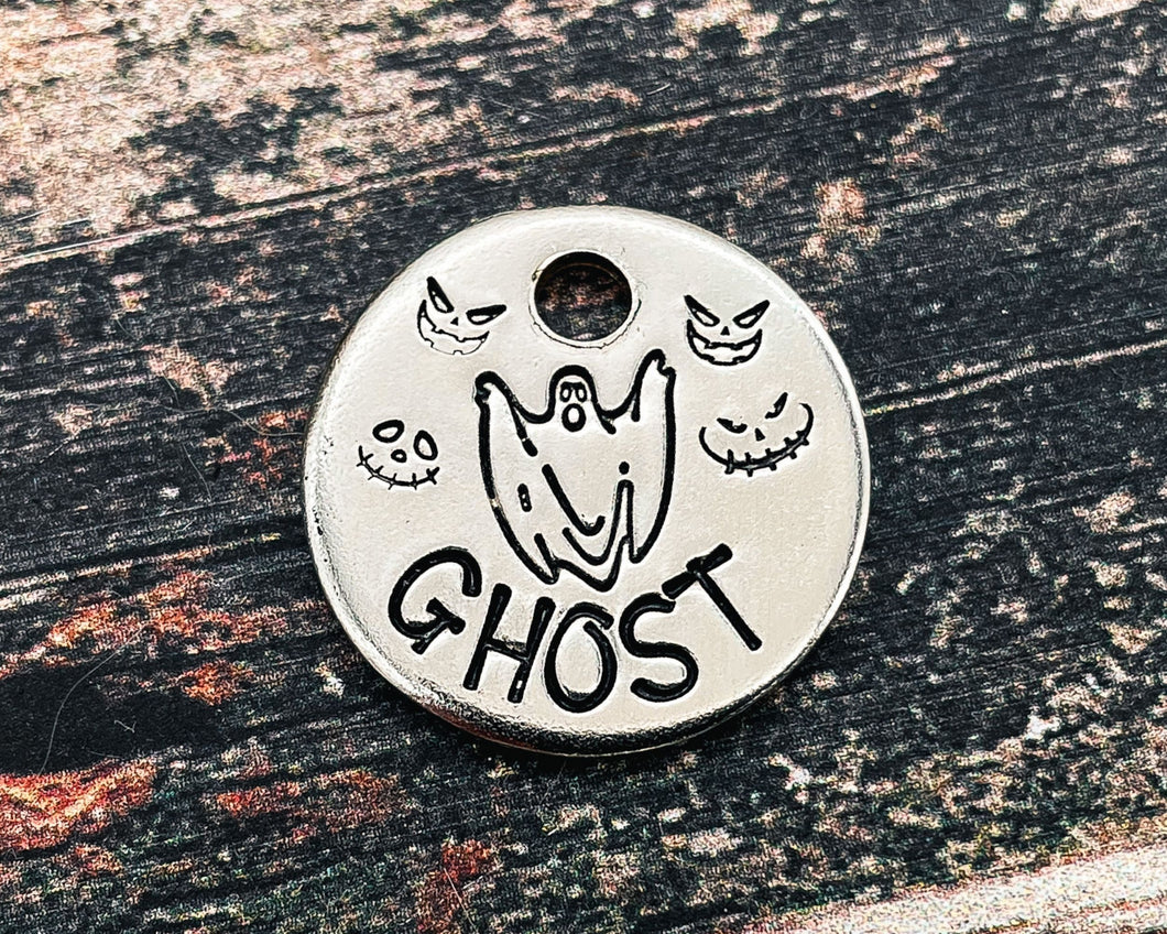 Personalized Halloween cat name  tag, hand stamped cat tag with spooky ghost design, 1 phone number