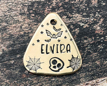 Load image into Gallery viewer, Spooky guitar pick dog id tag, hand stamped with bats, skull and cobwebs
