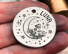 Load image into Gallery viewer, hand stamped moon dog tag with phone number
