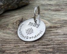 Load image into Gallery viewer, &#39;Microchipped&#39; Dog id tag, hand stamped with compass &amp; phone numbers
