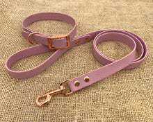 Load image into Gallery viewer, Deluxe mud-proof dog collar and leash set with rose gold fittings - choose your size &amp; color
