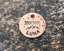 Load image into Gallery viewer, Personalized cat name  tag, hand stamped cat tag with mountains and moon phase design, 1 phone number
