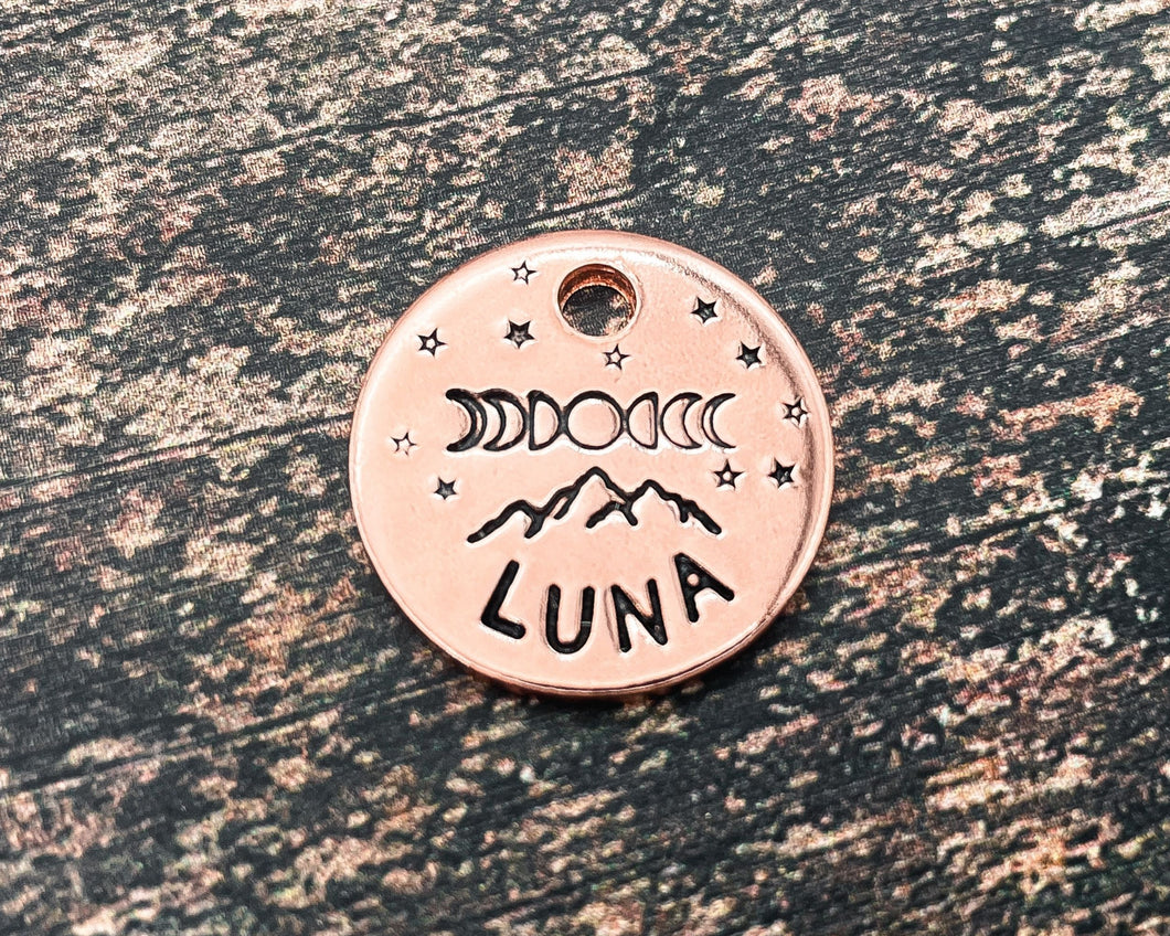 Personalized cat name  tag, hand stamped cat tag with mountains and moon phase design, 1 phone number