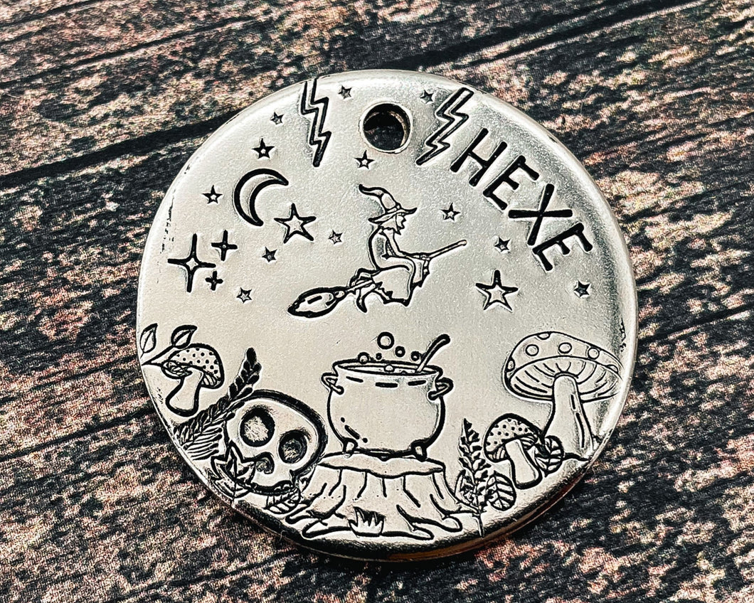 Metal dog id tag with witch on a broom and mushrooms, double-sided pet tag with up to 2 phone numbers