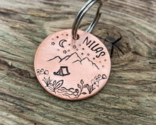 Load image into Gallery viewer, Mountain dog tag, hand-stamped with river, tent and stars
