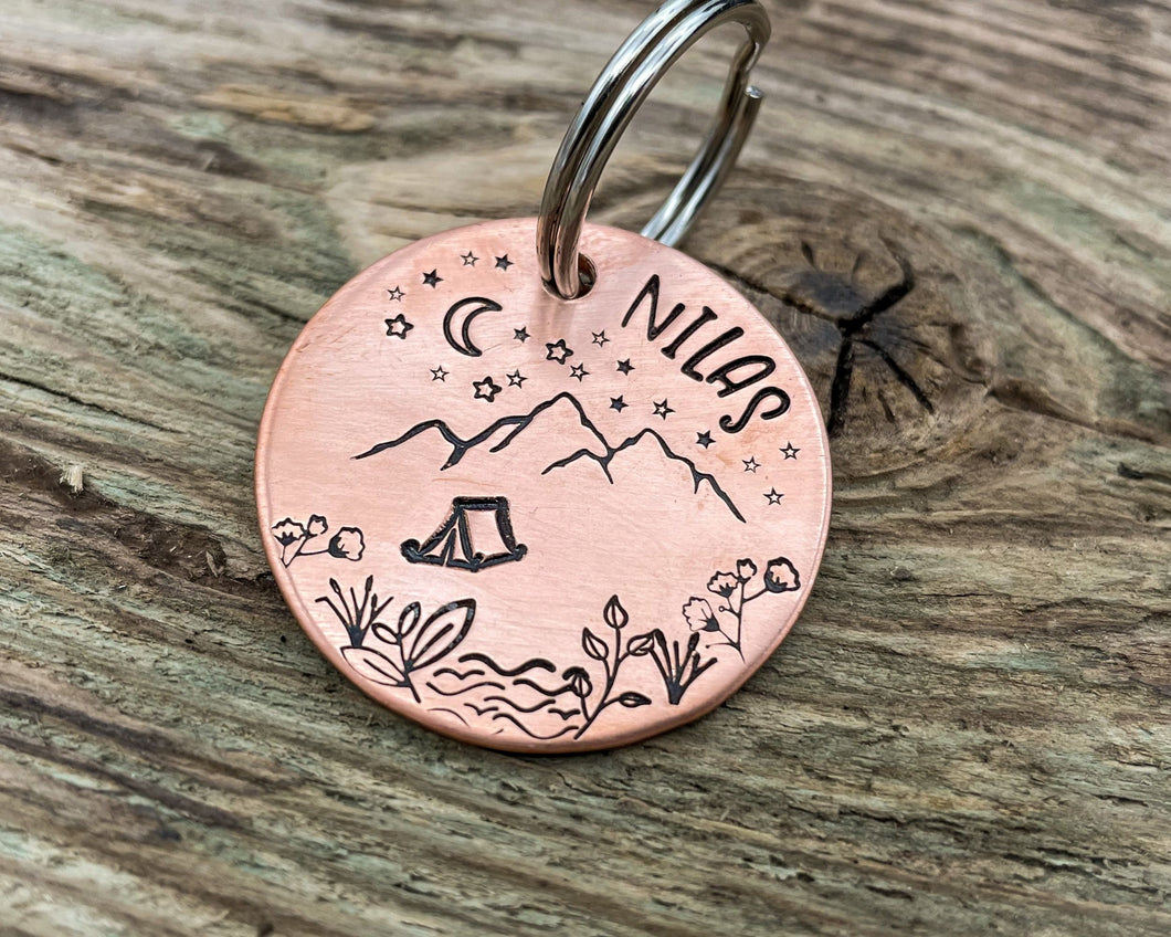 Mountain dog tag, hand-stamped with river, tent and stars