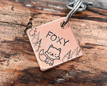 Load image into Gallery viewer, hand-stamped dog tag with cute fox and trees
