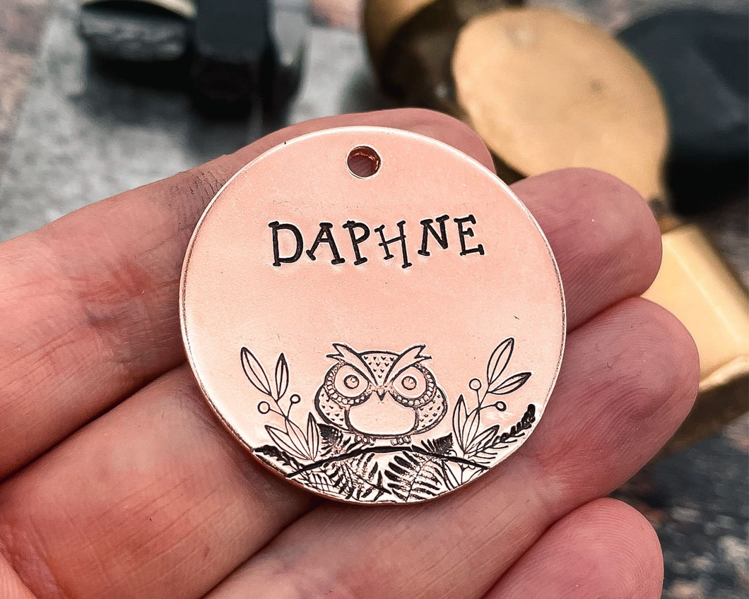 Large dog id tag, hand stamped with grumpy owl