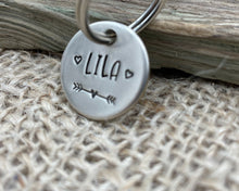 Load image into Gallery viewer, Cat name tag, hand stamped with hearts
