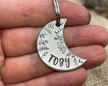 Load image into Gallery viewer, Moon dog tag, hand-stamped with leaf border
