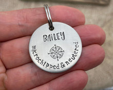 Load image into Gallery viewer, &#39;Microchipped&#39; Dog id tag, hand stamped with compass &amp; phone numbers
