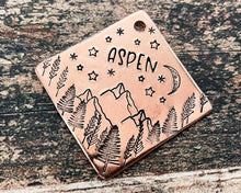 Load image into Gallery viewer, Square dog id tag, hand stamped with mountains, trees, moon &amp; stars

