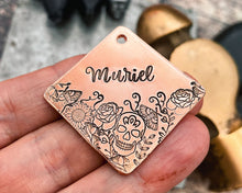 Load image into Gallery viewer, hand stamped skull dog tag
