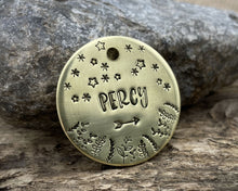Load image into Gallery viewer, Dog id tag, hand stamped with leaves &amp; stars
