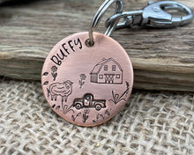 Load image into Gallery viewer, Dog id tag, hand stamped with sheep, pickup truck and barn shed
