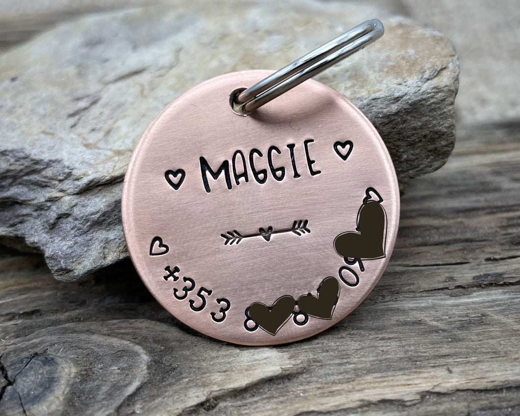 Dog id tag, hand stamped with phone number & hearts