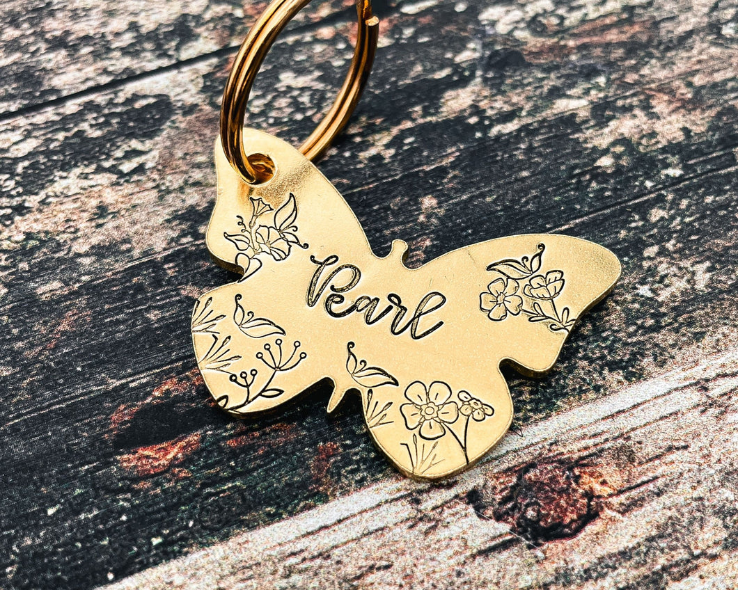Girl dog id tag, butterfly pet id tag, double-sided dog tag with phone number