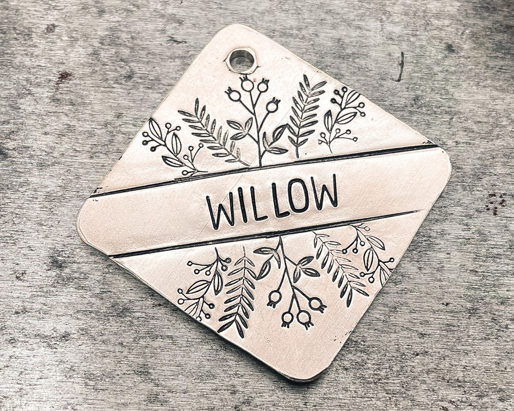 Metal dog tag, hand stamped square boy dog tag with foliage design