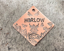 Load image into Gallery viewer, square copper dog tag with flower design
