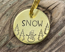 Load image into Gallery viewer, Christmas dog tag, small pet tag with snowman and trees
