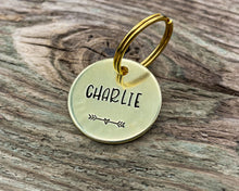 Load image into Gallery viewer, Minimalist dog tag, hand stamped with 2 phone numbers
