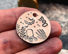 Load image into Gallery viewer, hand-stamped Halloween dog id tag with tombstone and bats
