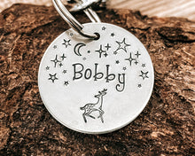 Load image into Gallery viewer, Winter dog id tag, hand stamped with reindeer and stars
