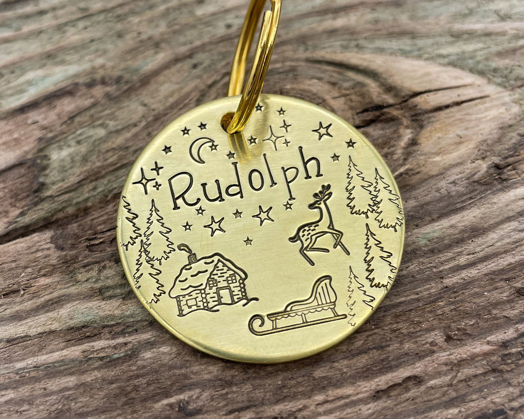 Christmas dog tag, hand stamped with Santa cabin and reindeer