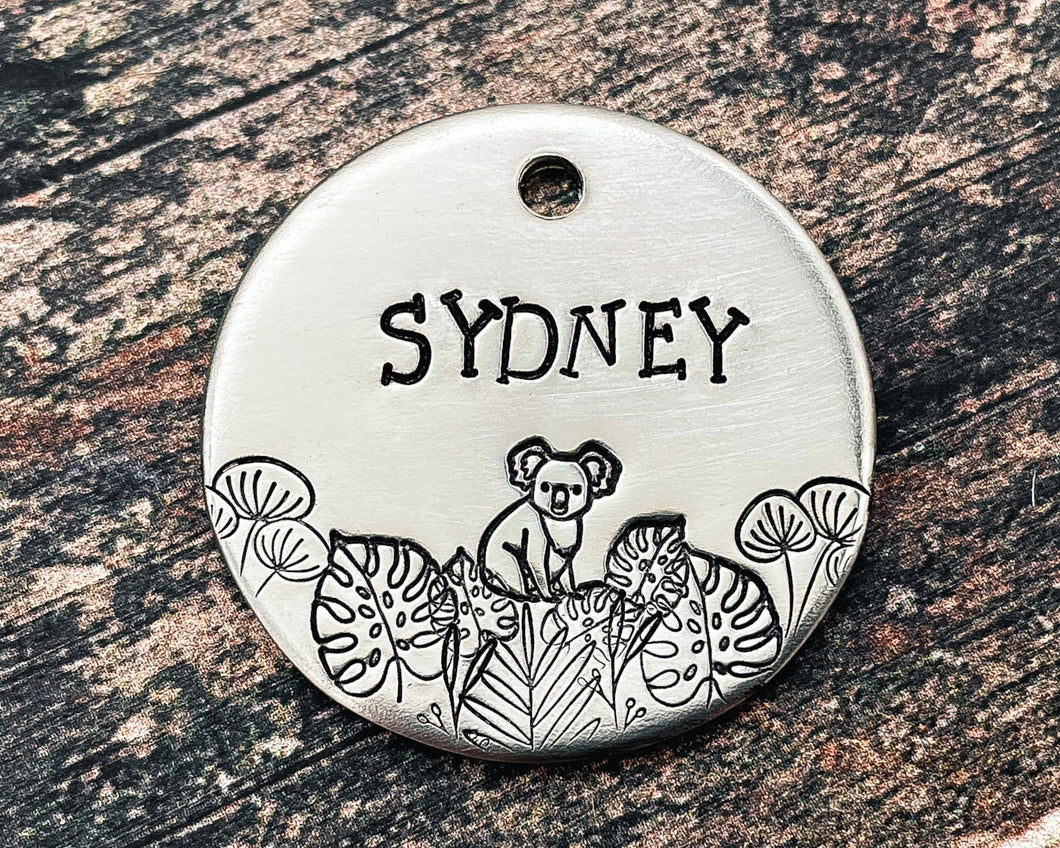 Koala dog tag, hand stamped pet id tag with 2 phone numbers or address