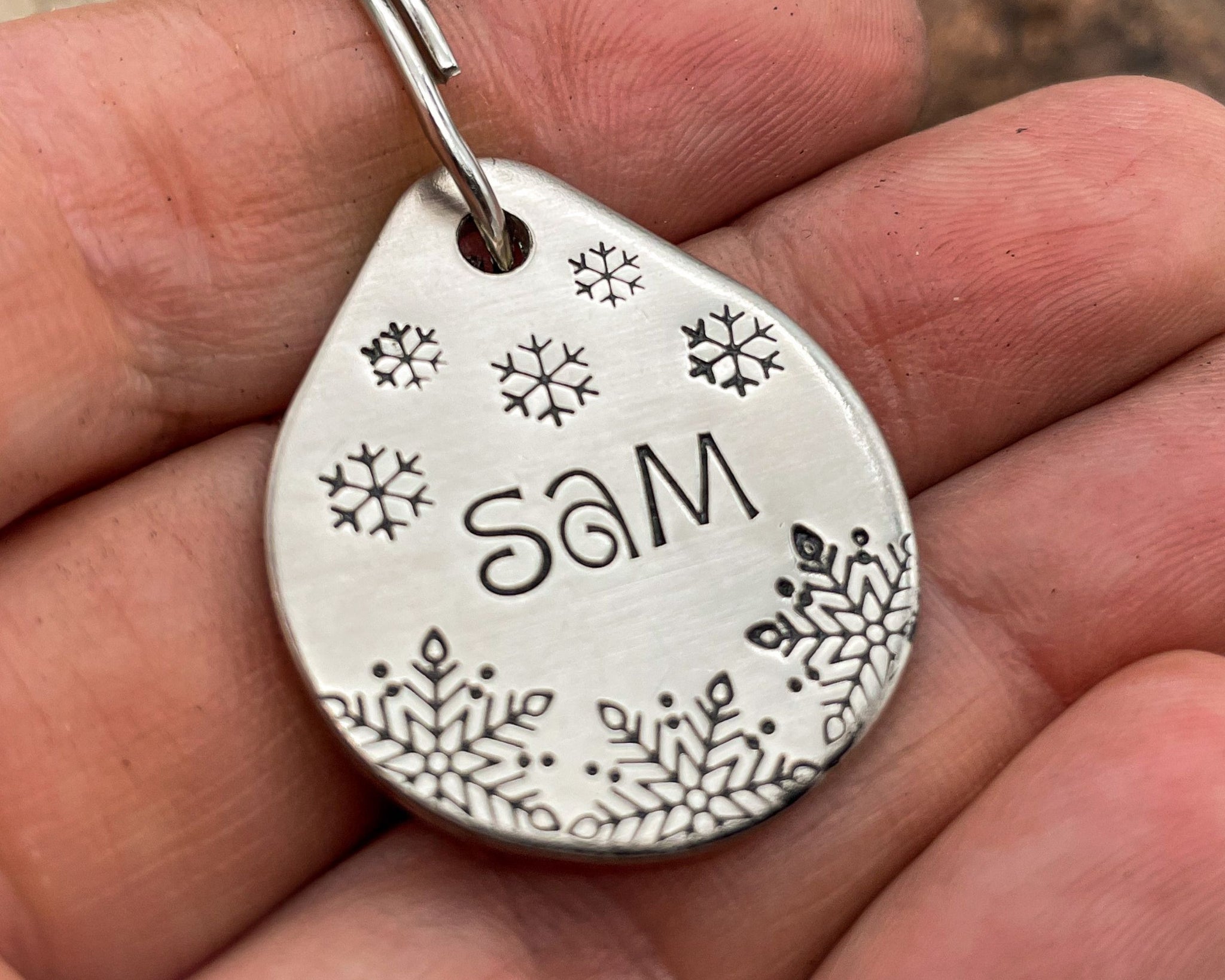 Christmas dog tag, tear drop pet id tag with snowflake design, up