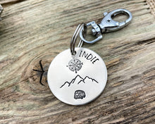Load image into Gallery viewer, Large dog id tag, hand stamped with compass and mountains
