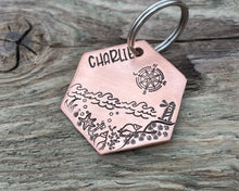 Load image into Gallery viewer, Hexagon dog tag, hand stamped with nautical design, compass &amp; lighthouse
