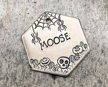 Load image into Gallery viewer, Hexagon dog tag, hand stamped with spooky Halloween design
