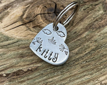 Load image into Gallery viewer, Small heart pet tag, Aluminum heart with bird and cloud design
