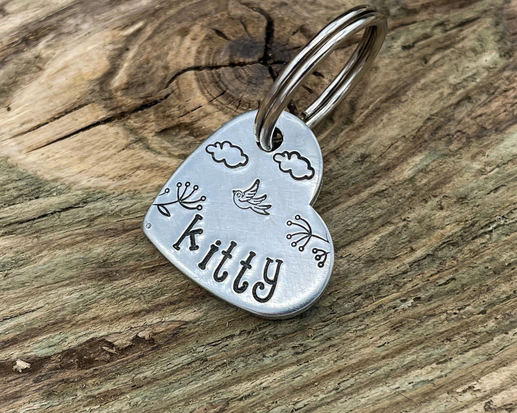 Small heart pet tag, Aluminum heart with bird and cloud design