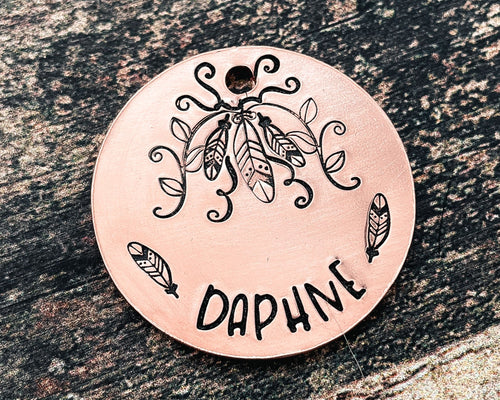 boho dog id tag with feathers