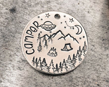 Load image into Gallery viewer, cute dog id tag with UFO, tent and mountains
