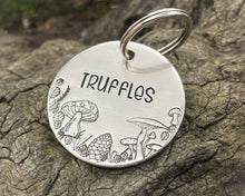 Load image into Gallery viewer, Fall dog tag, hand stamped with mushrooms, leaves and pine cone
