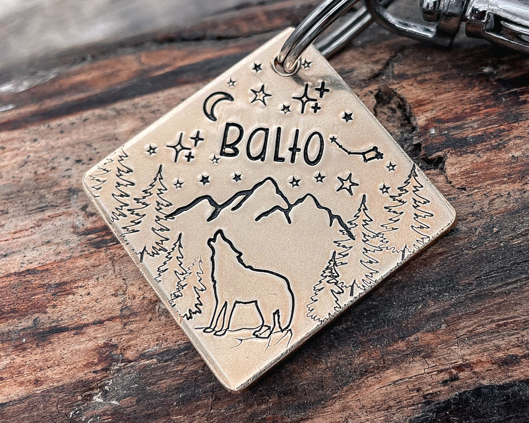 metal dog tag with mountains