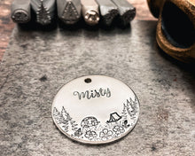 Load image into Gallery viewer, hand-stamped dog tag with camping design
